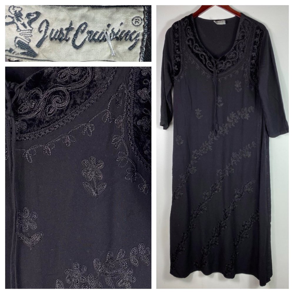 Just Cruising Maxi Dress Medium Large Black Floral Gypsy Boho Flowy Cruise